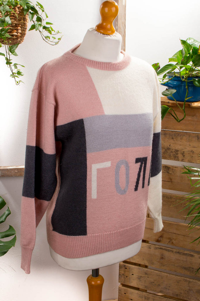 Wollpulli rosa grau 90er Frau grau M 40-42 rosa S 36-38 Sekretärin vintageberlin.de