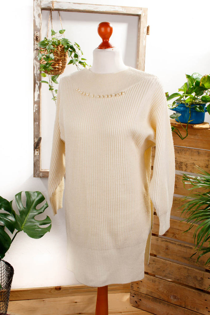 Pulloverkleid creme Perlen Default Title 80er 90er beige Frau L 44-46 M 40-42 S 36-38 Sekretärin weiß vintageberlin.de