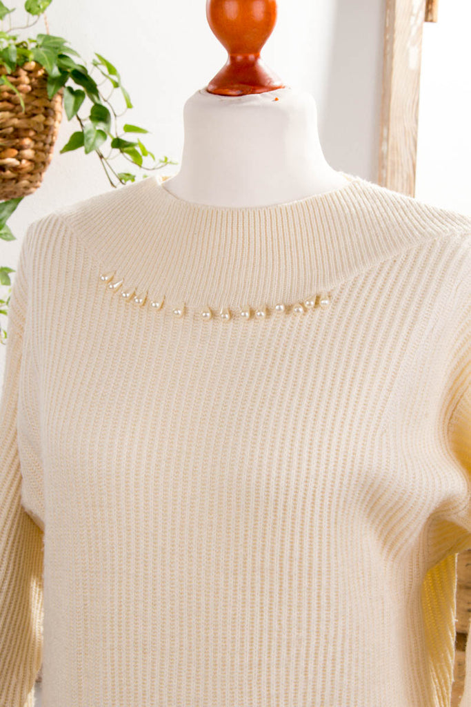 Pulloverkleid creme Perlen 80er 90er beige Frau L 44-46 M 40-42 S 36-38 Sekretärin weiß vintageberlin.de