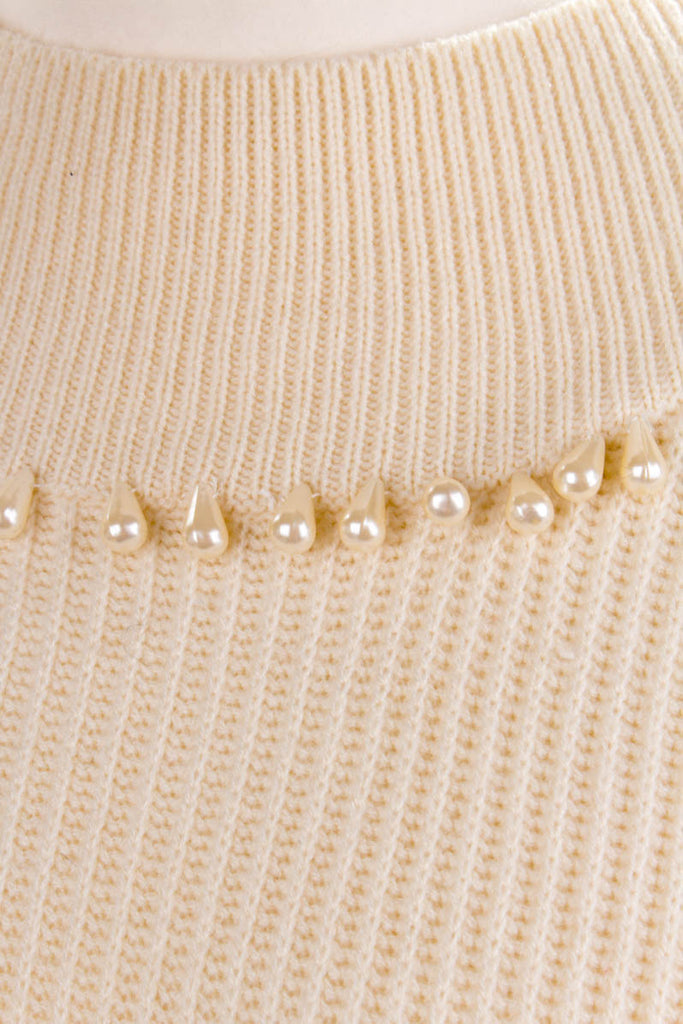 Pulloverkleid creme Perlen 80er 90er beige Frau L 44-46 M 40-42 S 36-38 Sekretärin weiß vintageberlin.de