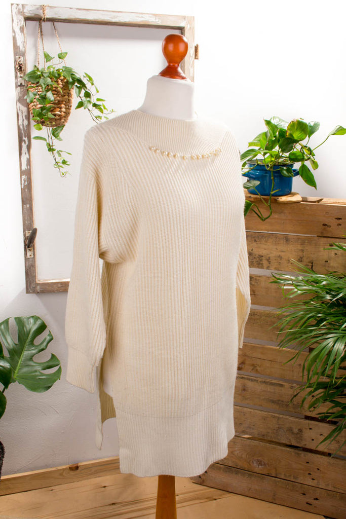 Pulloverkleid creme Perlen 80er 90er beige Frau L 44-46 M 40-42 S 36-38 Sekretärin weiß vintageberlin.de