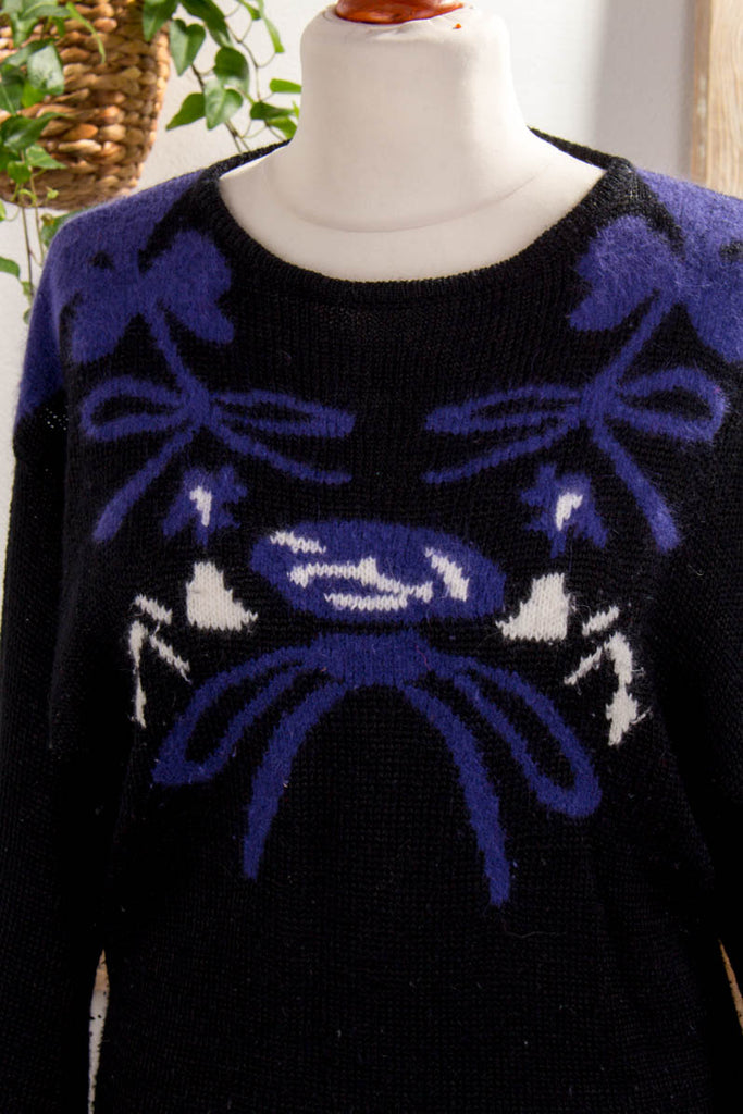 Vintage Malina Wong Pulli 80er 90er Frau lila M 40-42 S 36-38 schwarz Sekretärin vintageberlin.de