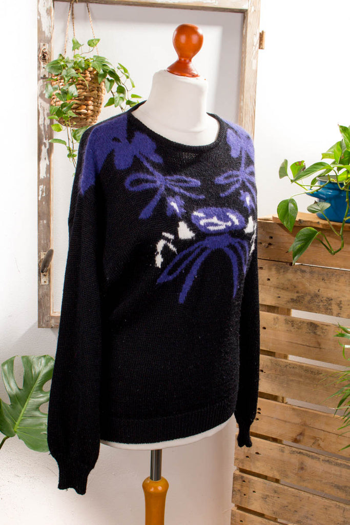 Vintage Malina Wong Pulli 80er 90er Frau lila M 40-42 S 36-38 schwarz Sekretärin vintageberlin.de