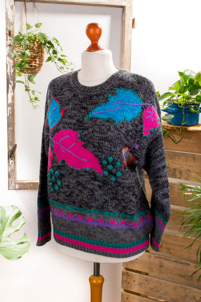Vintage Pullover Blättermuster Default Title 90er bunt Frau M 40-42 Sekretärin vintageberlin.de