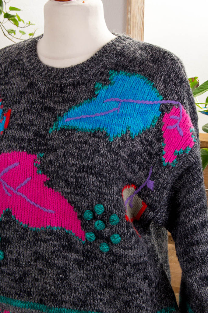 Vintage Pullover Blättermuster 90er bunt Frau M 40-42 Sekretärin vintageberlin.de