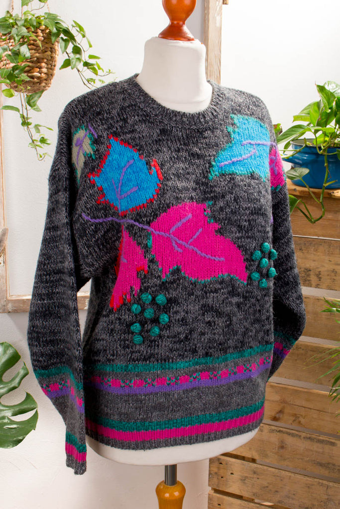Vintage Pullover Blättermuster 90er bunt Frau M 40-42 Sekretärin vintageberlin.de