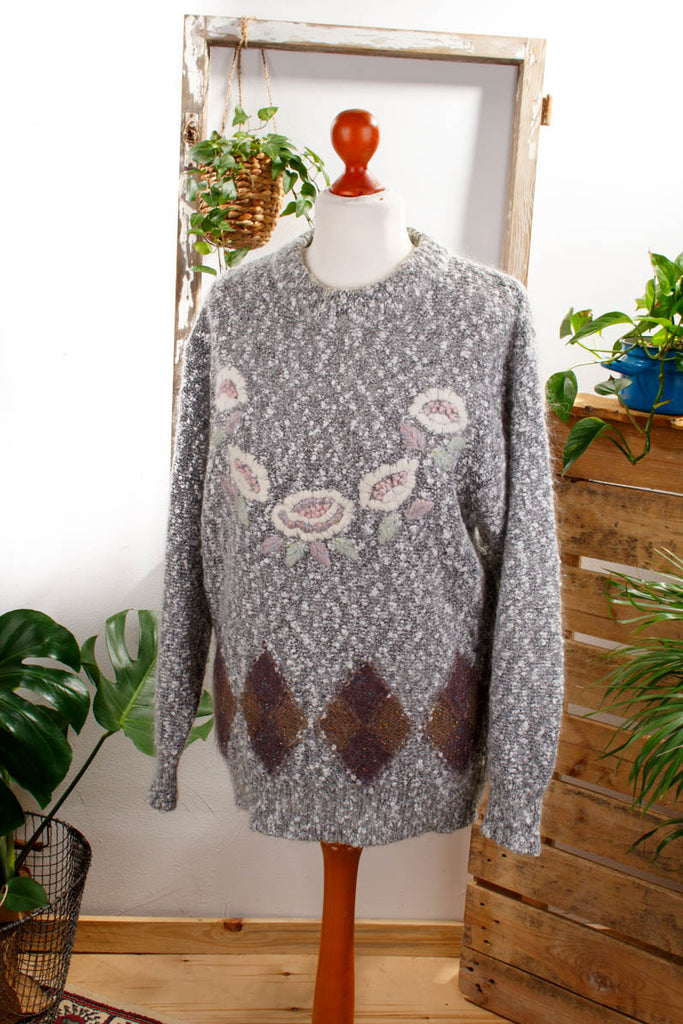 Mohair Pullover grau bestickt Default Title 80er 90er Boho Frau grau L 44-46 M 40-42 Sekretärin Unisize vintageberlin.de