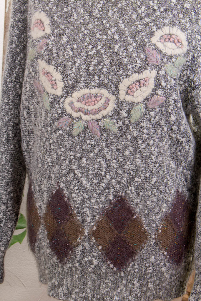 Mohair Pullover grau bestickt 80er 90er Boho Frau grau L 44-46 M 40-42 Sekretärin Unisize vintageberlin.de