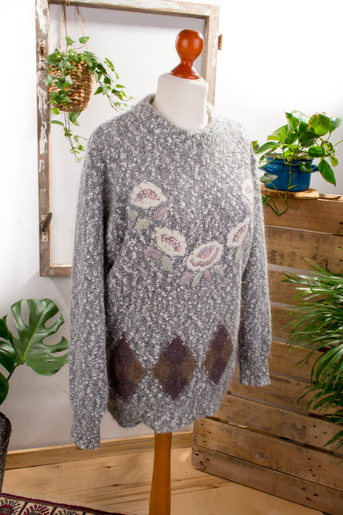 Mohair Pullover grau bestickt 80er 90er Boho Frau grau L 44-46 M 40-42 Sekretärin Unisize vintageberlin.de