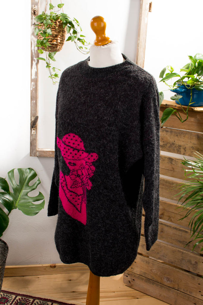 Oversize Pulli grau pink 80er 90er Frau grau L 44-46 M 40-42 pink Sekretärin Unisize vintageberlin.de