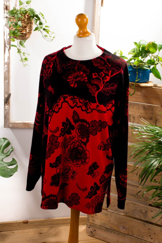 Strickpulli rot schwarz Muster Wollmix Default Title 90er Frau L 44-46 M 40-42 rot schwarz vintageberlin.de