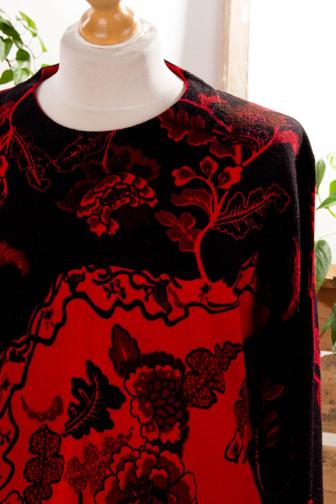 Strickpulli rot schwarz Muster Wollmix 90er Frau L 44-46 M 40-42 rot schwarz vintageberlin.de