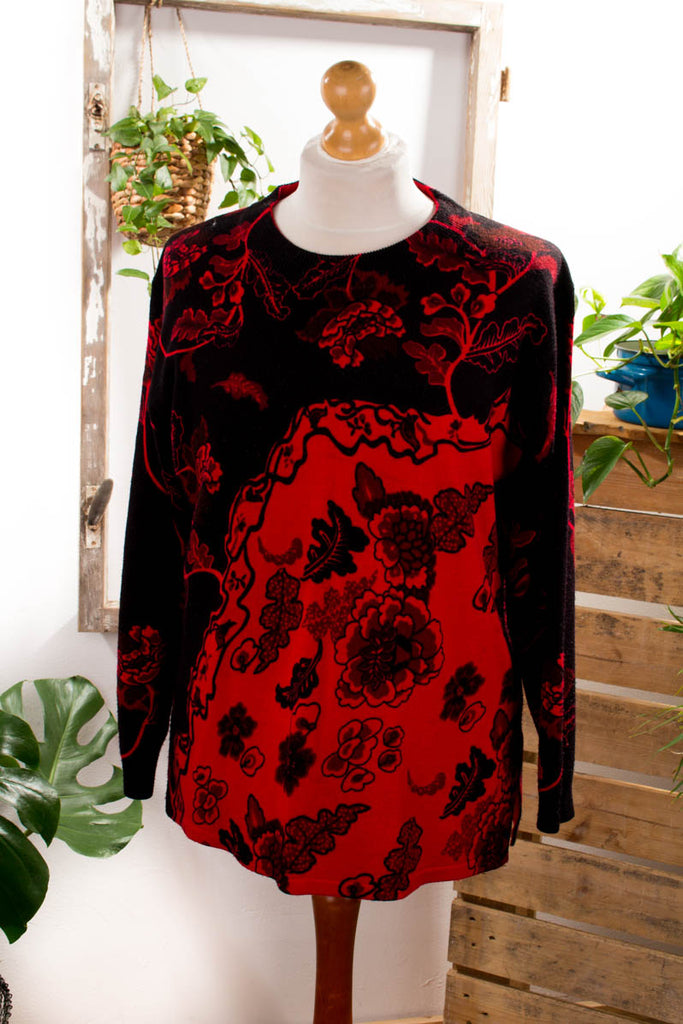 Strickpulli rot schwarz Muster Wollmix 90er Frau L 44-46 M 40-42 rot schwarz vintageberlin.de