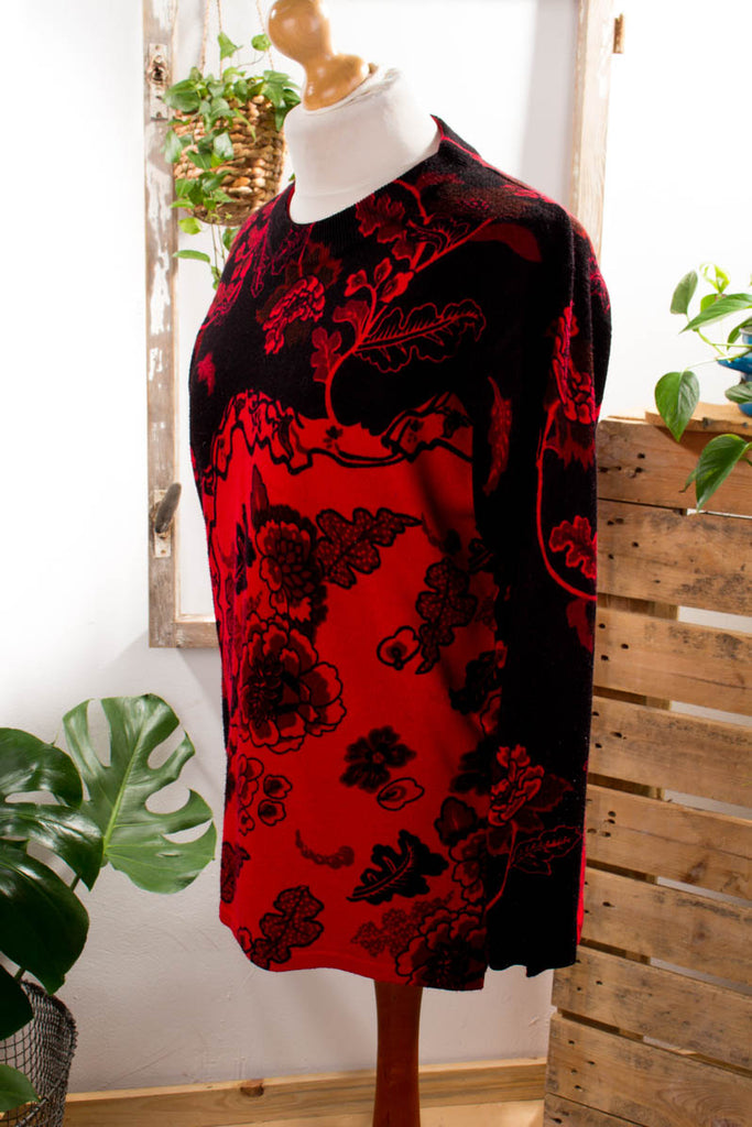 Strickpulli rot schwarz Muster Wollmix 90er Frau L 44-46 M 40-42 rot schwarz vintageberlin.de