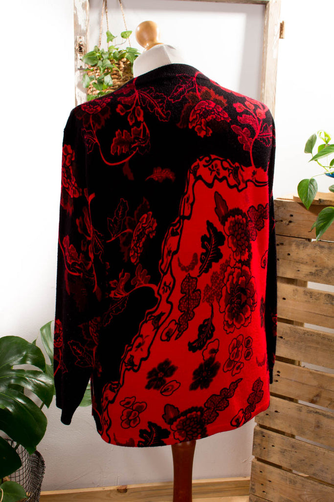 Strickpulli rot schwarz Muster Wollmix 90er Frau L 44-46 M 40-42 rot schwarz vintageberlin.de