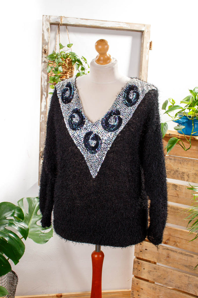Fransenpulli mit Pailletten Default Title 80er 90er Dandy Frau L 44-46 M 40-42 schwarz Sekretärin silber Special vintageberlin.de