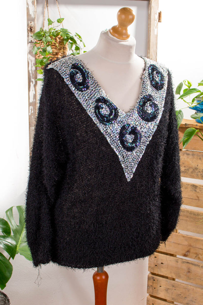 Fransenpulli mit Pailletten 80er 90er Dandy Frau L 44-46 M 40-42 schwarz Sekretärin silber Special vintageberlin.de