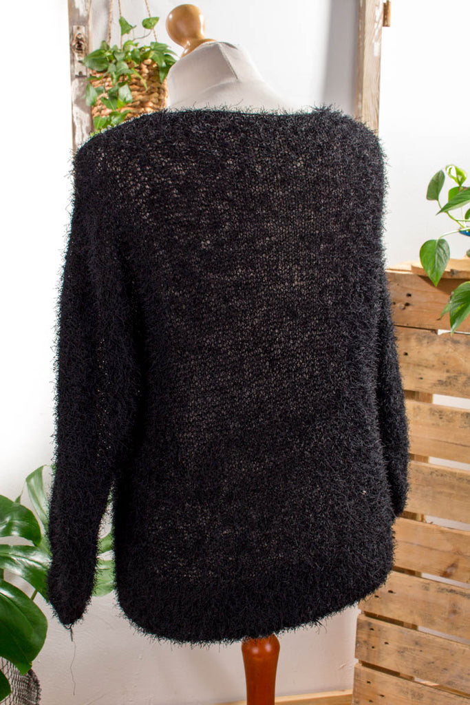 Fransenpulli mit Pailletten 80er 90er Dandy Frau L 44-46 M 40-42 schwarz Sekretärin silber Special vintageberlin.de