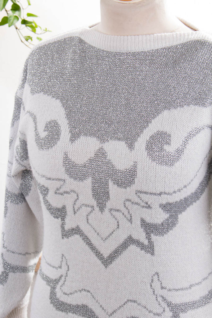 Strickpulli silber Glitzer 80er 90er Frau M 40-42 silber weiß vintageberlin.de