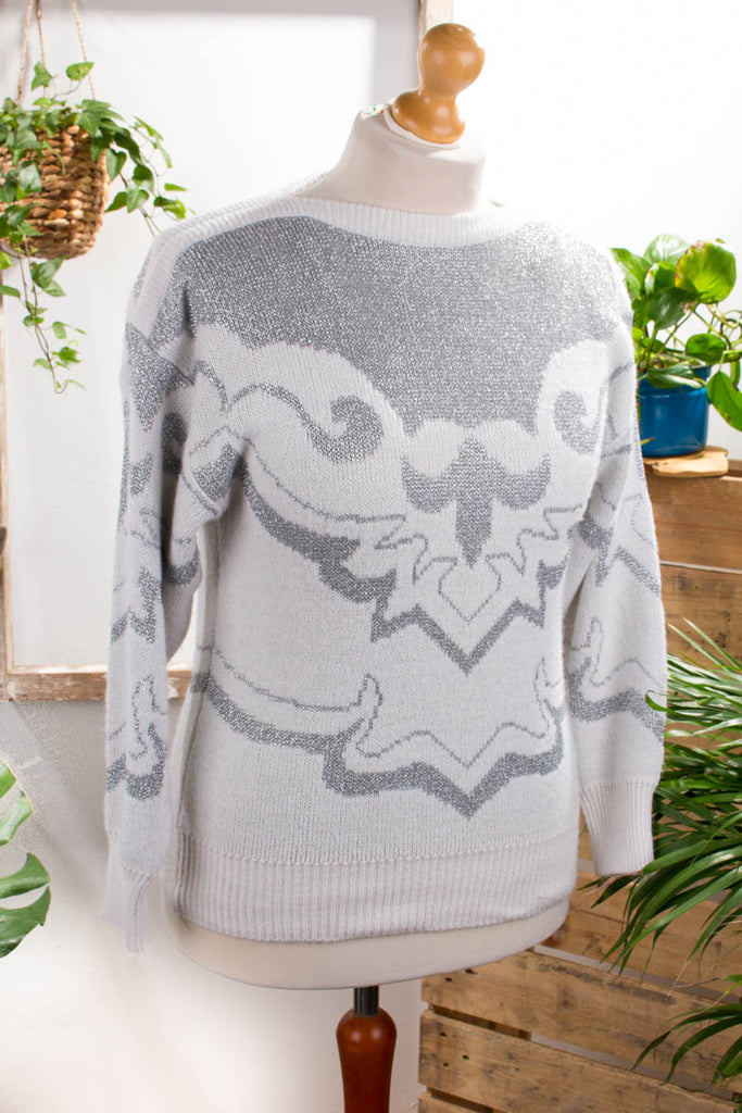 Strickpulli silber Glitzer 80er 90er Frau M 40-42 silber weiß vintageberlin.de