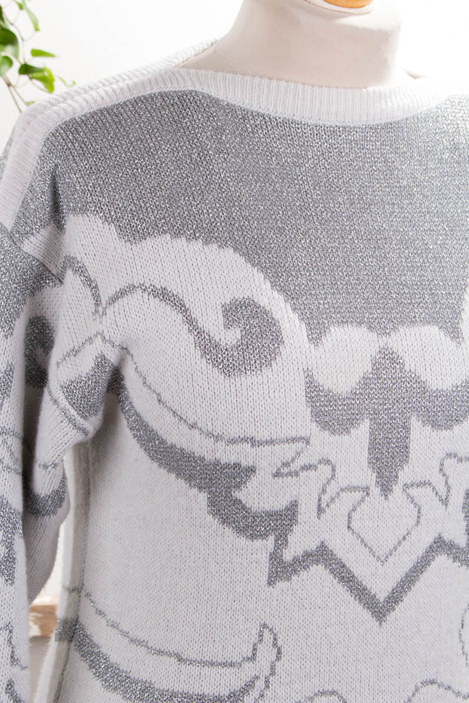 Strickpulli silber Glitzer 80er 90er Frau M 40-42 silber weiß vintageberlin.de