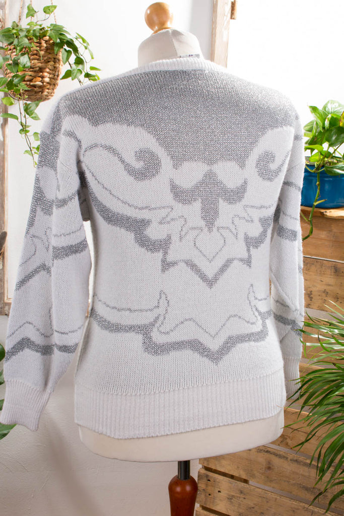 Strickpulli silber Glitzer 80er 90er Frau M 40-42 silber weiß vintageberlin.de