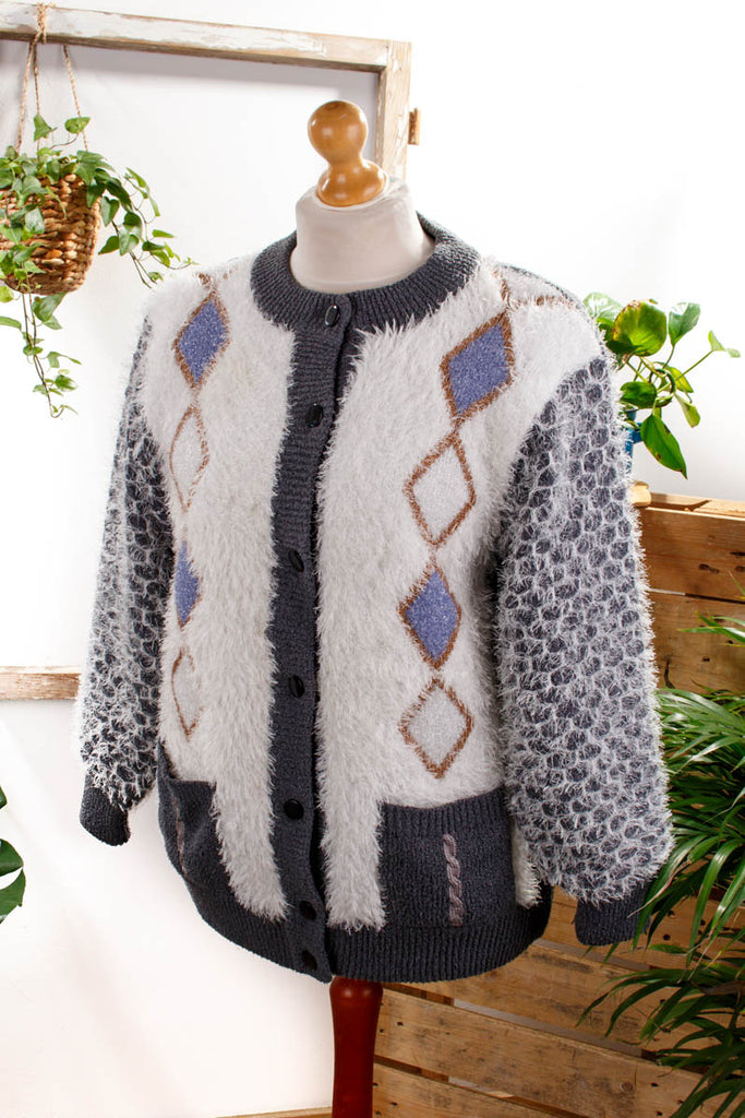 Vintage Strickjacke vegan Default Title 80er 90er bunt Frau grau L 44-46 M 40-42 Sekretärin vintageberlin.de