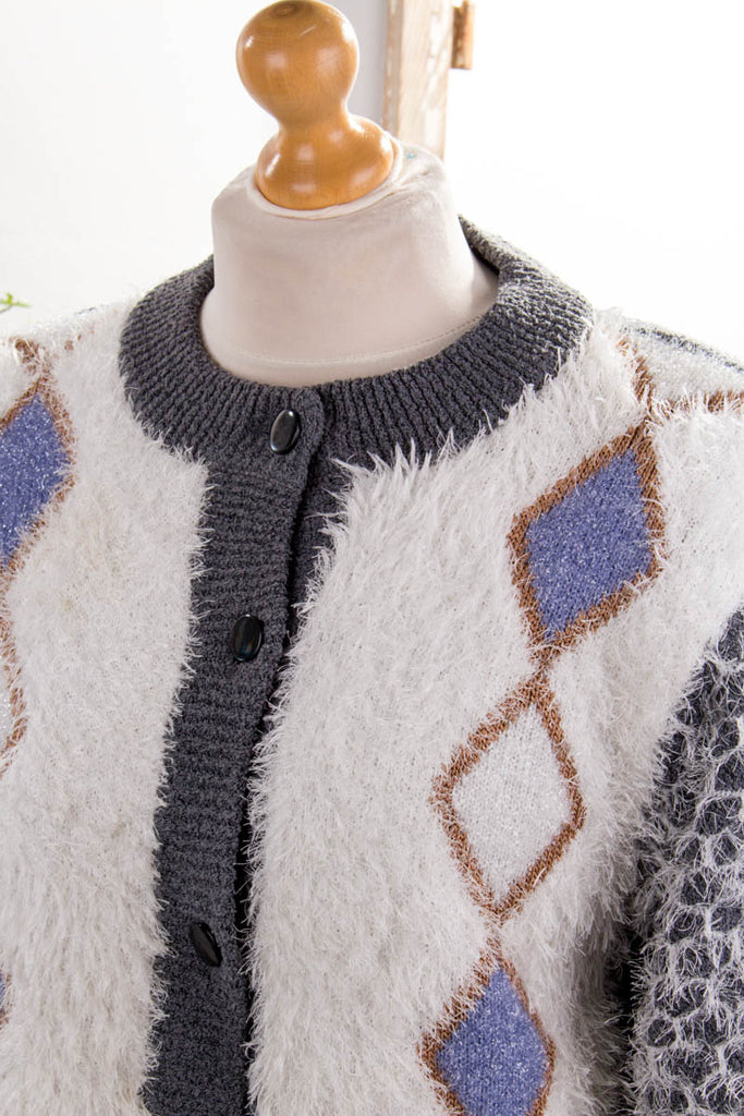 Vintage Strickjacke vegan 80er 90er bunt Frau grau L 44-46 M 40-42 Sekretärin vintageberlin.de