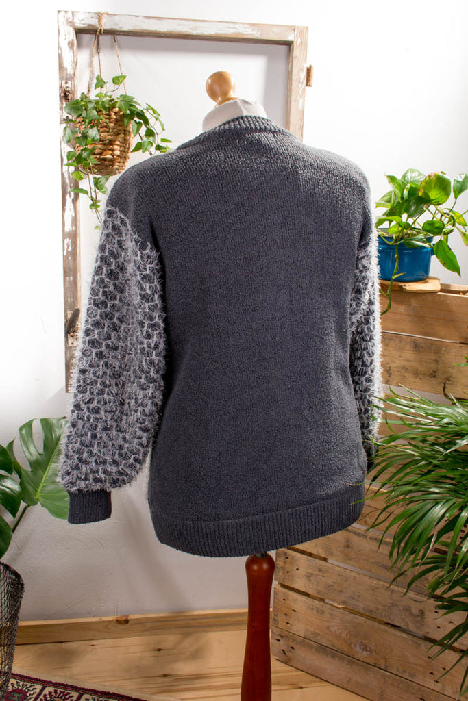 Vintage Strickjacke vegan 80er 90er bunt Frau grau L 44-46 M 40-42 Sekretärin vintageberlin.de