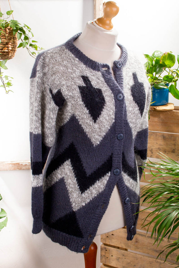 Mohair Strickjacke grau 80er 90er Frau grau M 40-42 S 36-38 schwarz Sekretärin vintageberlin.de