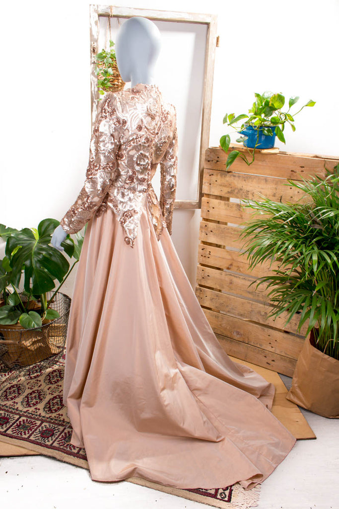 Traum Abendkleid kupfer Pailletten Abendmode beige Frau M 40-42 S 36-38 Special vintageberlin.de