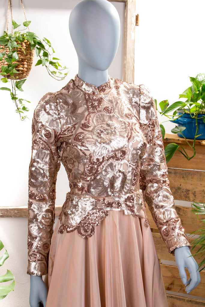 Traum Abendkleid kupfer Pailletten Abendmode beige Frau M 40-42 S 36-38 Special vintageberlin.de