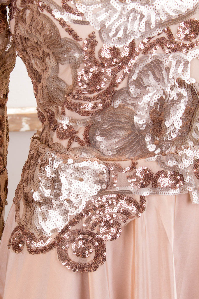 Traum Abendkleid kupfer Pailletten Abendmode beige Frau M 40-42 S 36-38 Special vintageberlin.de