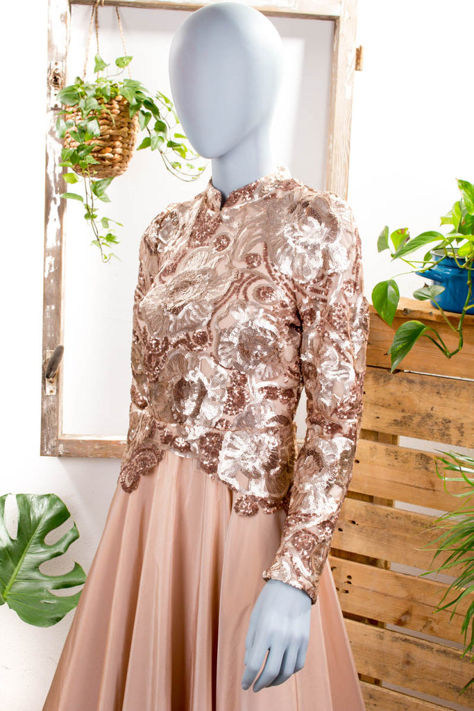 Traum Abendkleid kupfer Pailletten Abendmode beige Frau M 40-42 S 36-38 Special vintageberlin.de