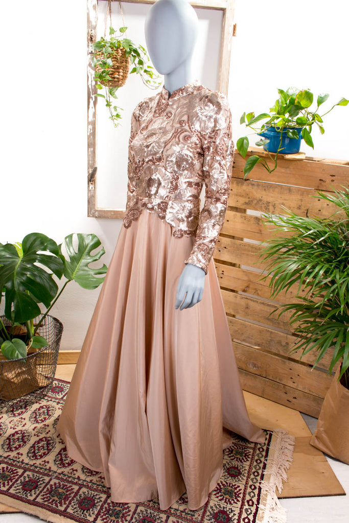 Traum Abendkleid kupfer Pailletten Abendmode beige Frau M 40-42 S 36-38 Special vintageberlin.de