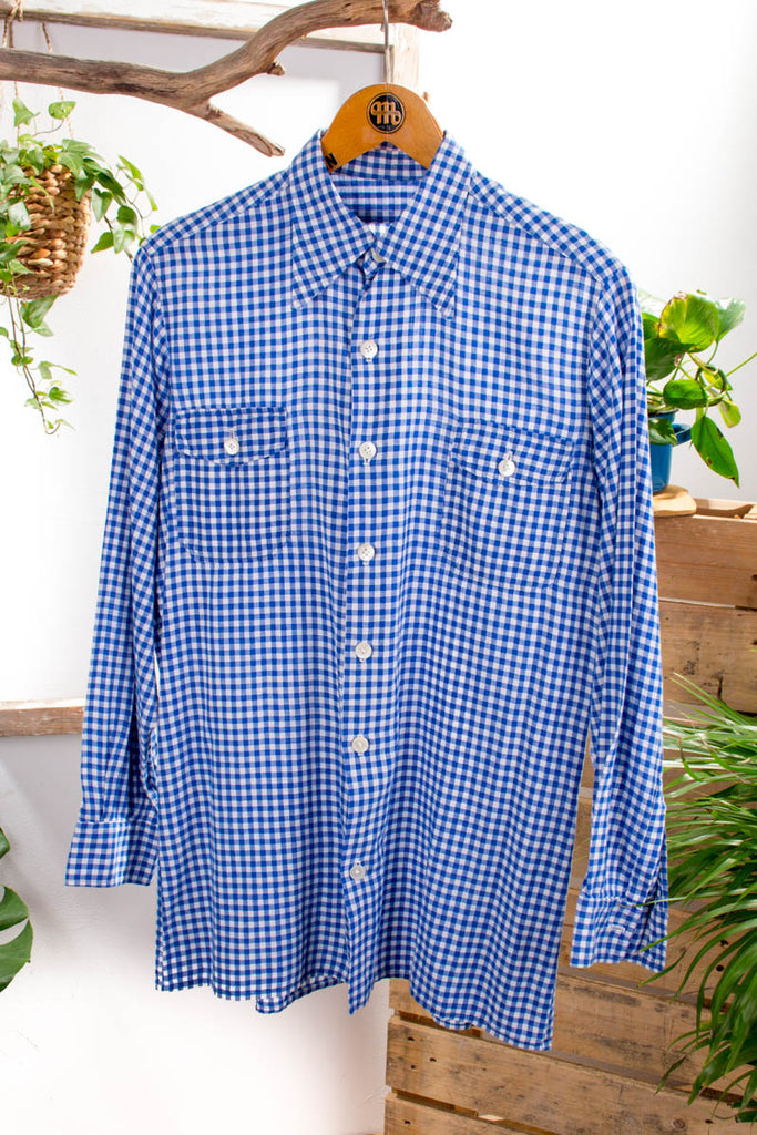 Hemd blau kariert Spitzkragen Default Title 60er 70er blau Dirndl Disco M 48-50 Mann Rockabilly Schlager vintageberlin.de