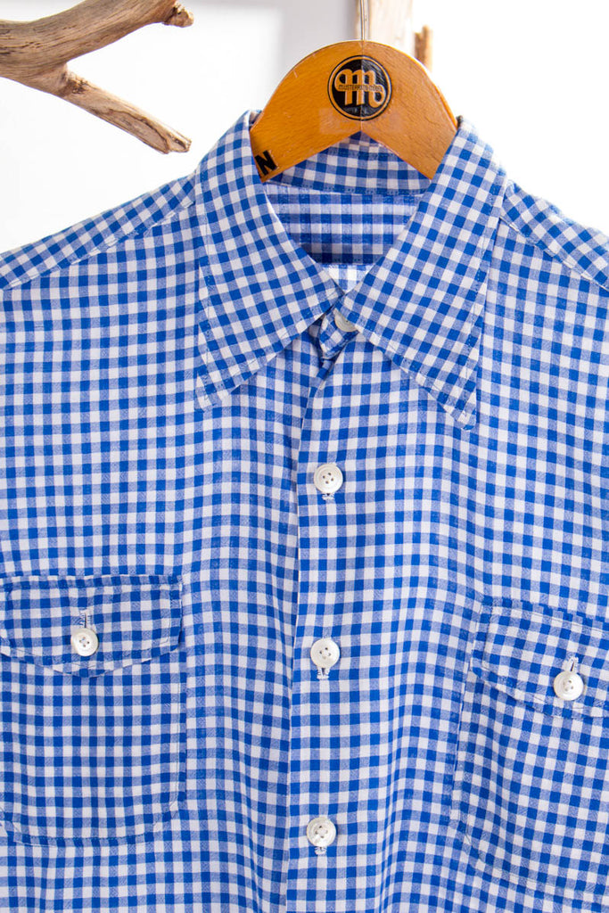 Hemd blau kariert Spitzkragen 60er 70er blau Dirndl Disco M 48-50 Mann Rockabilly Schlager vintageberlin.de