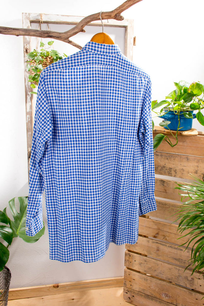 Hemd blau kariert Spitzkragen 60er 70er blau Dirndl Disco M 48-50 Mann Rockabilly Schlager vintageberlin.de