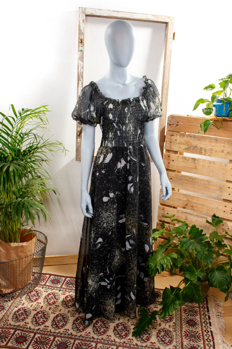 Hippie Maxikleid grau Chiffon Default Title 70er Abendmode Boho Frau grau Hippie S 36-38 Schlager schwarz Special vintageberlin.de