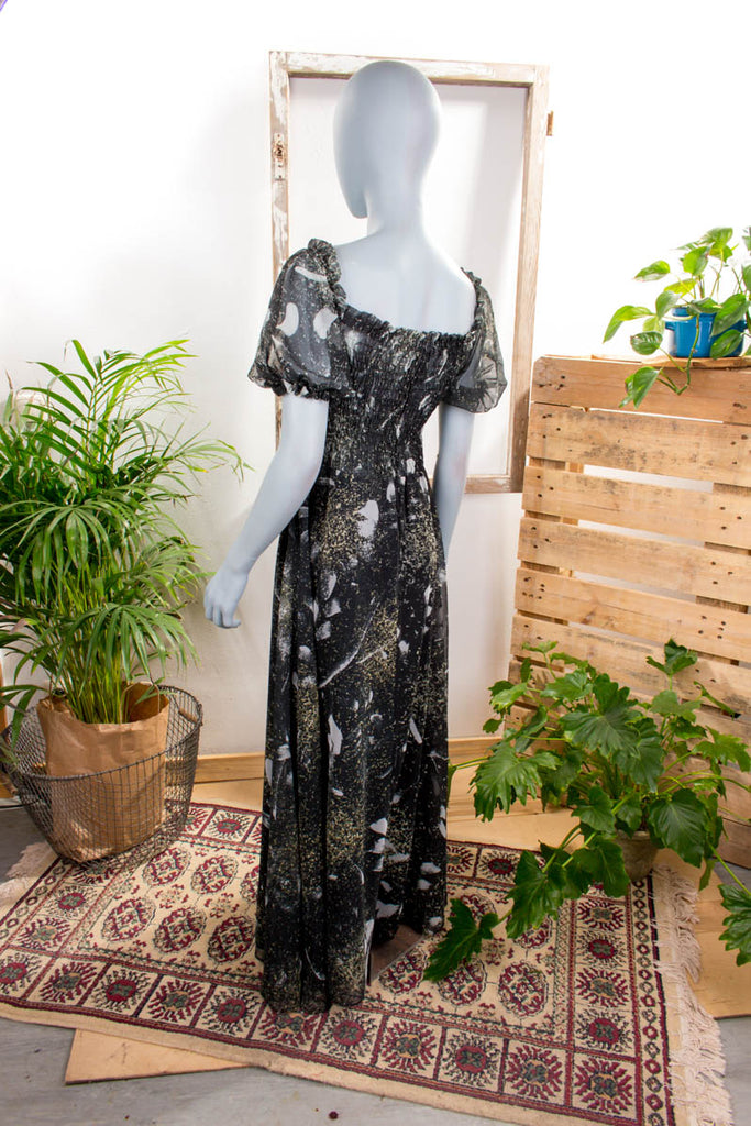 Hippie Maxikleid grau Chiffon 70er Abendmode Boho Frau grau Hippie S 36-38 Schlager schwarz Special vintageberlin.de