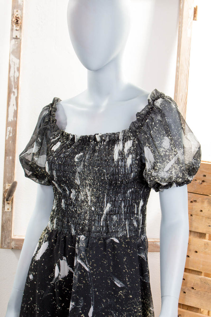 Hippie Maxikleid grau Chiffon 70er Abendmode Boho Frau grau Hippie S 36-38 Schlager schwarz Special vintageberlin.de