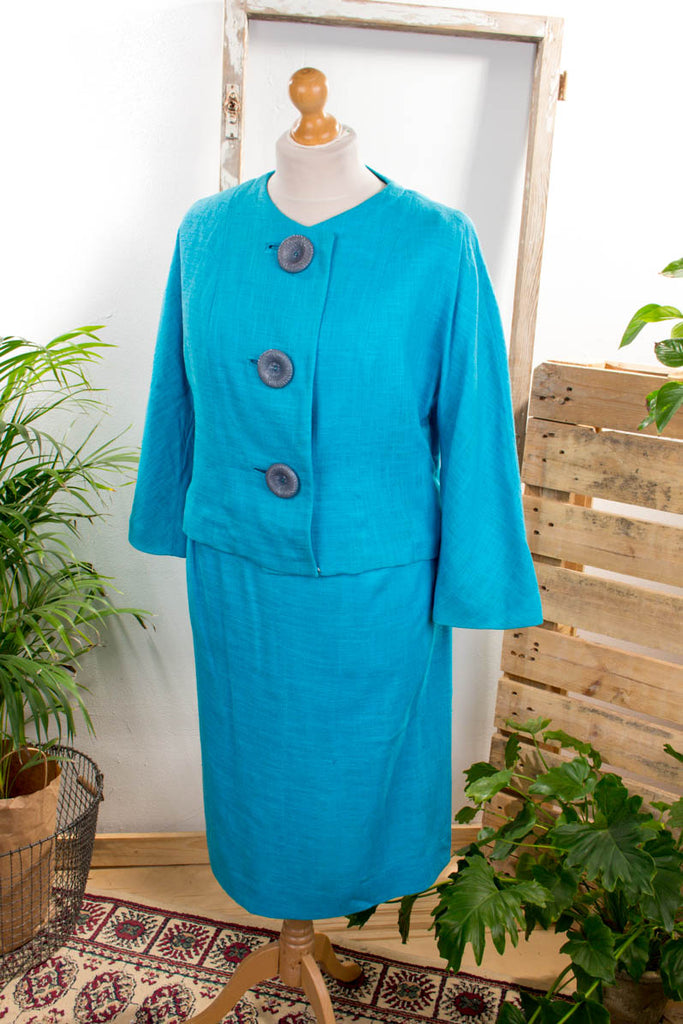 50s Leinen Kostüm türkis 50er 60er blau Frau L 44-46 M 40-42 Rockabilly Sekretärin Special türkis vintageberlin.de