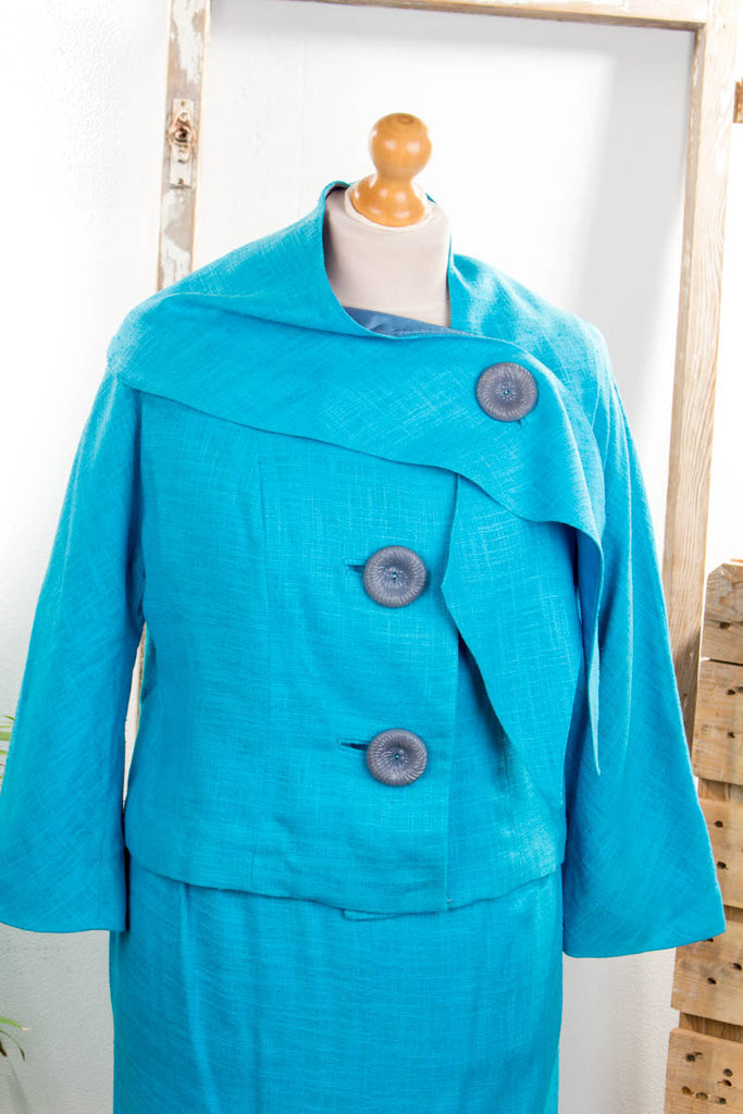 50s Leinen Kostüm türkis 50er 60er blau Frau L 44-46 M 40-42 Rockabilly Sekretärin Special türkis vintageberlin.de