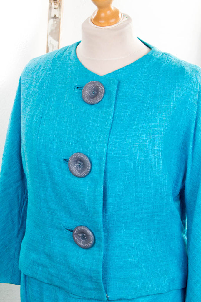 50s Leinen Kostüm türkis 50er 60er blau Frau L 44-46 M 40-42 Rockabilly Sekretärin Special türkis vintageberlin.de