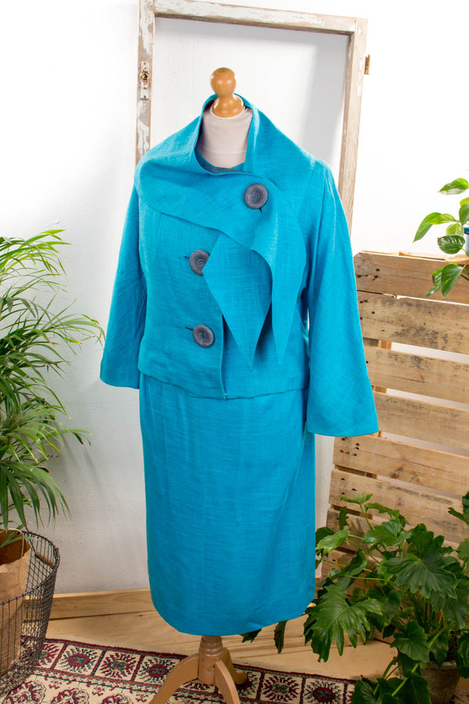 50s Leinen Kostüm türkis 50er 60er blau Frau L 44-46 M 40-42 Rockabilly Sekretärin Special türkis vintageberlin.de