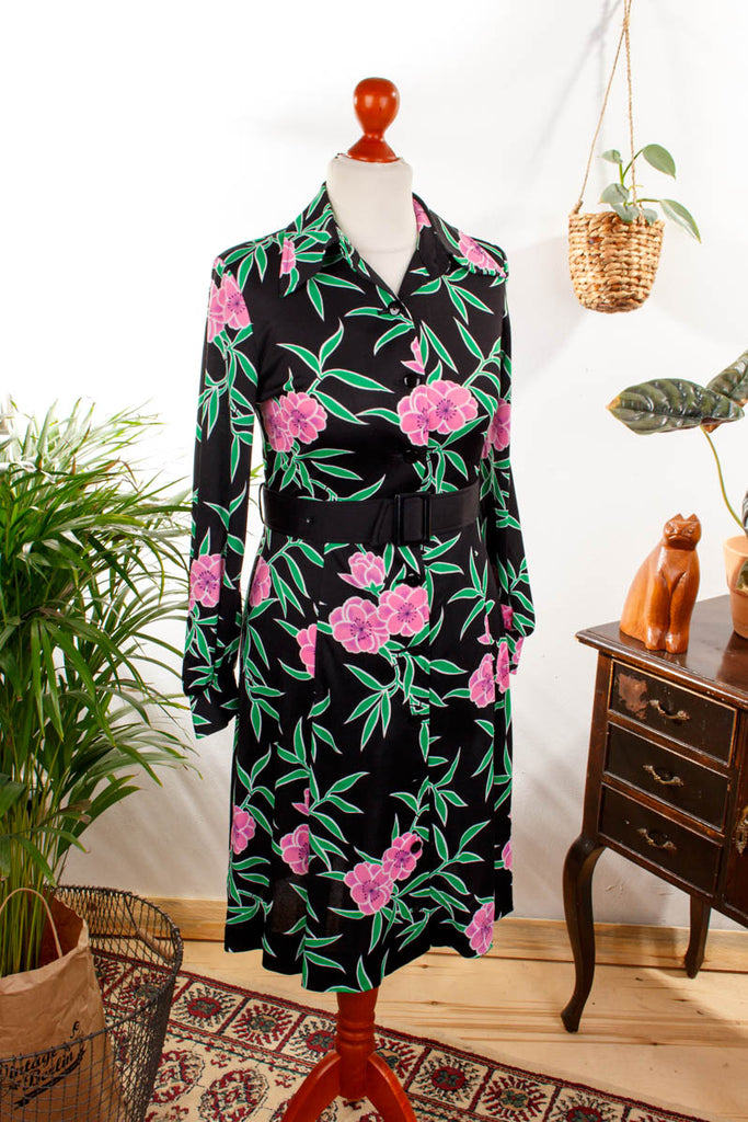 Rockabella Kleid schwarz Blumen 70er Boho bunt Designer Frau Rockabilly S 36-38 schwarz Special vintageberlin.de