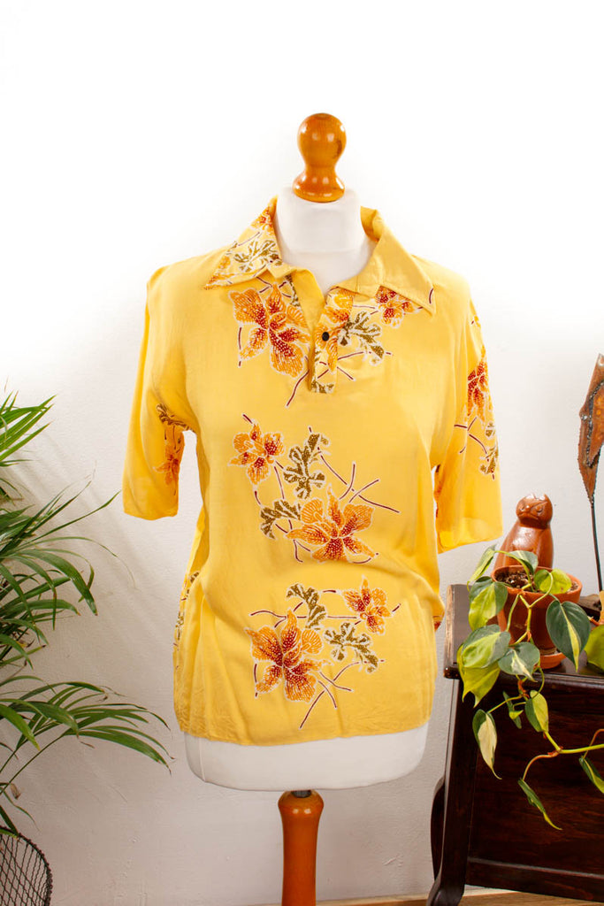 Hawaii Poloshirt gelb Blumen Default Title 60er 70er Boho bunt Frau gelb Hippie M 40-42 real-disco real-rockabilly Rockabilly vintageberlin.de