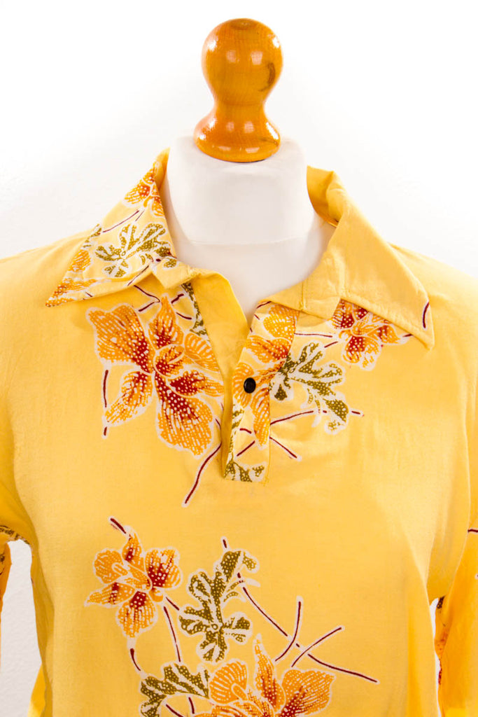Hawaii Poloshirt gelb Blumen 60er 70er Boho bunt Frau gelb Hippie M 40-42 real-disco real-rockabilly Rockabilly vintageberlin.de