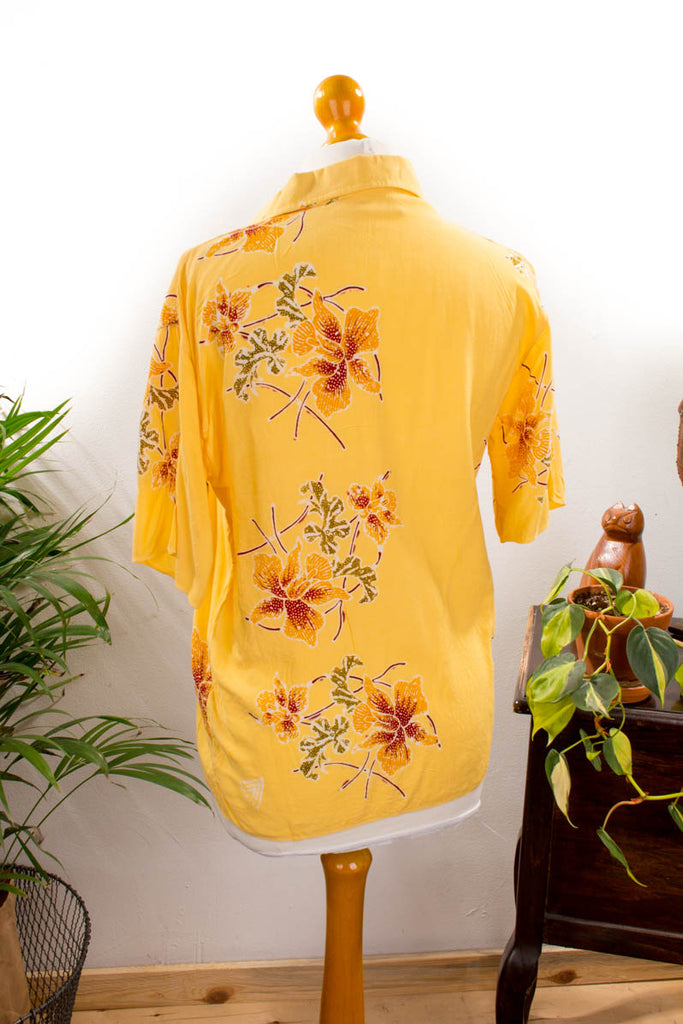 Hawaii Poloshirt gelb Blumen 60er 70er Boho bunt Frau gelb Hippie M 40-42 real-disco real-rockabilly Rockabilly vintageberlin.de