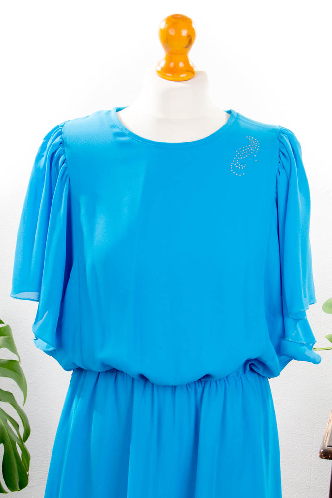 Chiffonkleid türkis 70er Abendmode blau Boho Disco Frau Hippie M 40-42 real-boho S 36-38 Schlager türkis vintageberlin.de